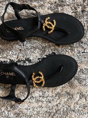 Black Leather Gold CC Logo T-Strap Sandals